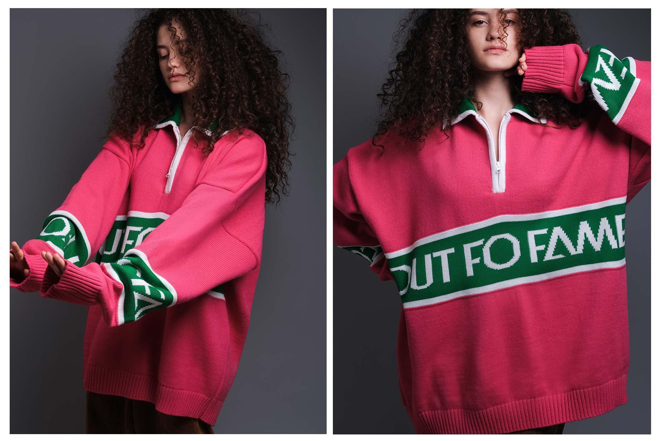 Розовый с зеленым теплый свитер с логотипом OUT FO FAME