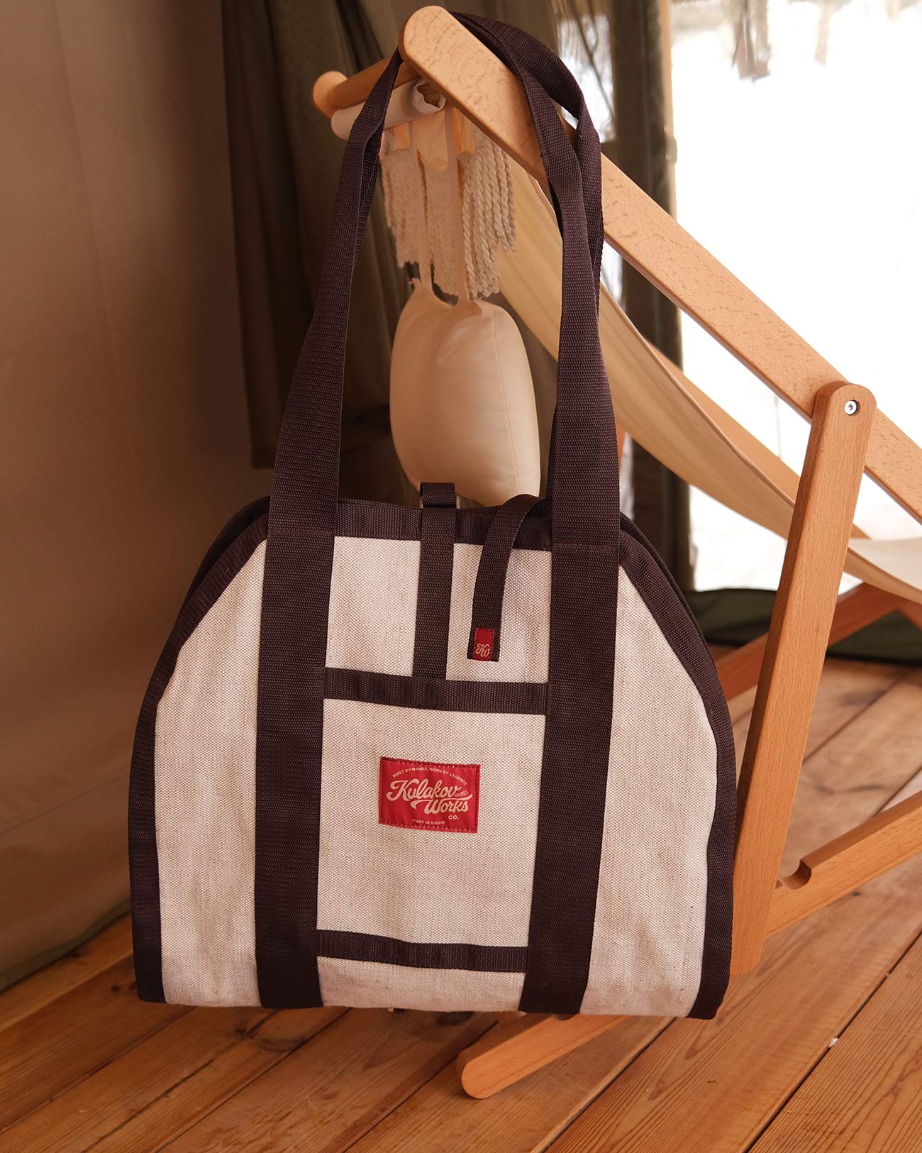 Сумка для дров из парусиновой ткани с длинными ручками, карманом и застежкой