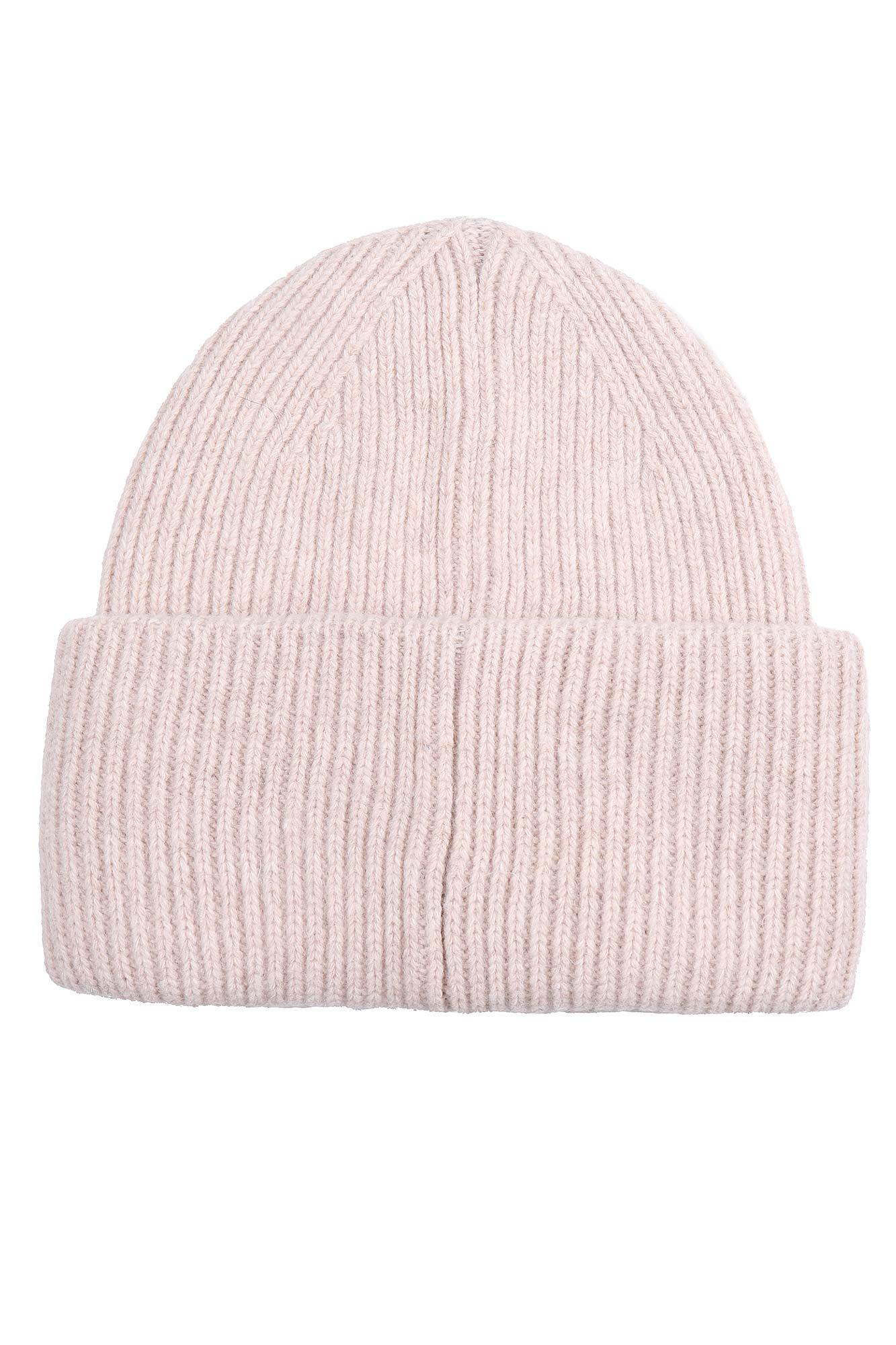 Шерстяная женская шапка светло-серая с резиновым шевроном OUT FO FAME