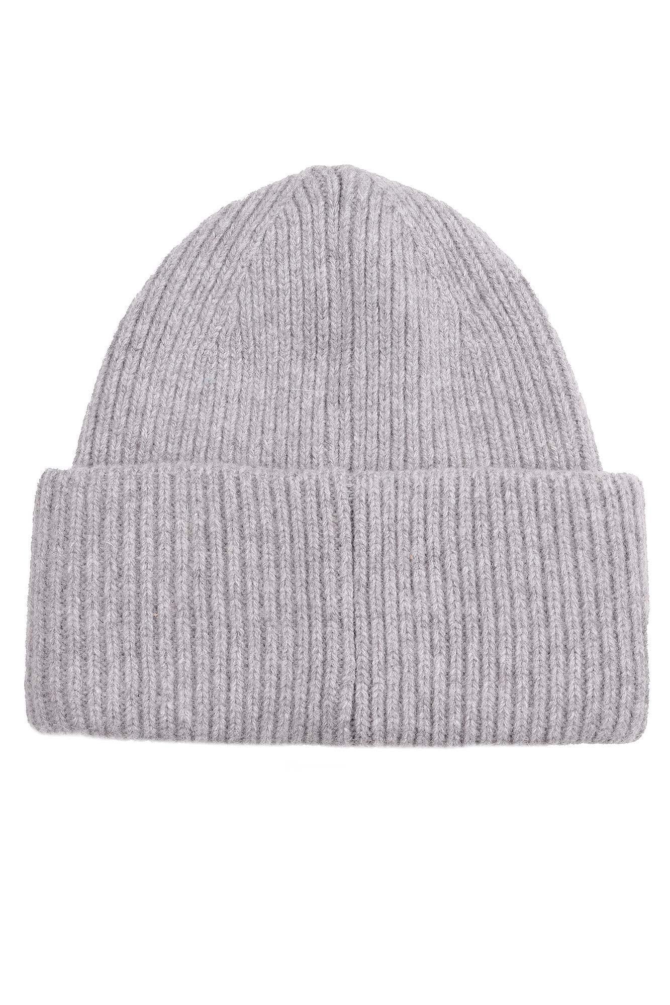 Шерстяная теплая шапка унисекс серая с резиновым шевроном OUT FO FAME