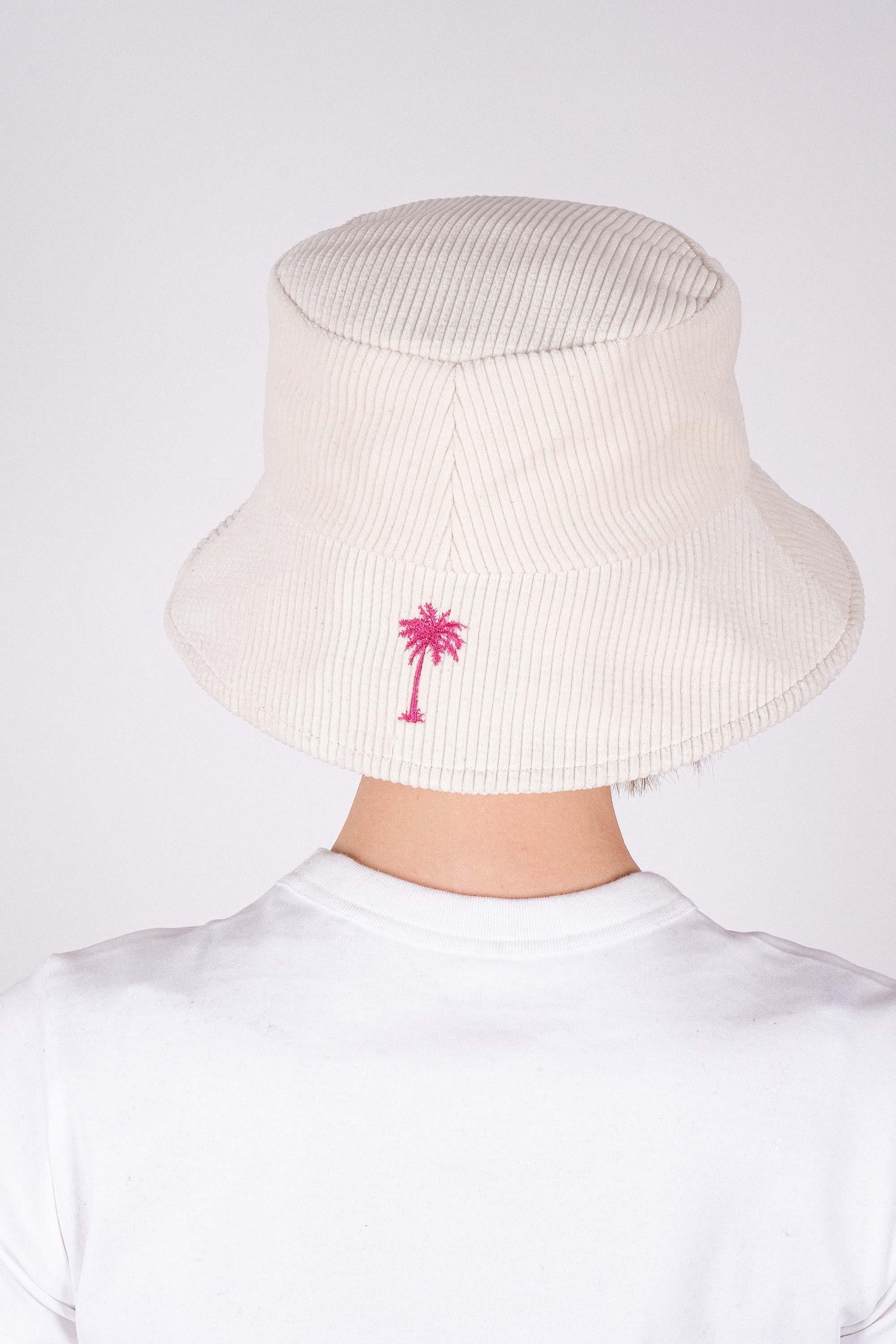 Кремовая вельветовая панама с вышивкой розового цвета OUT FO FAME