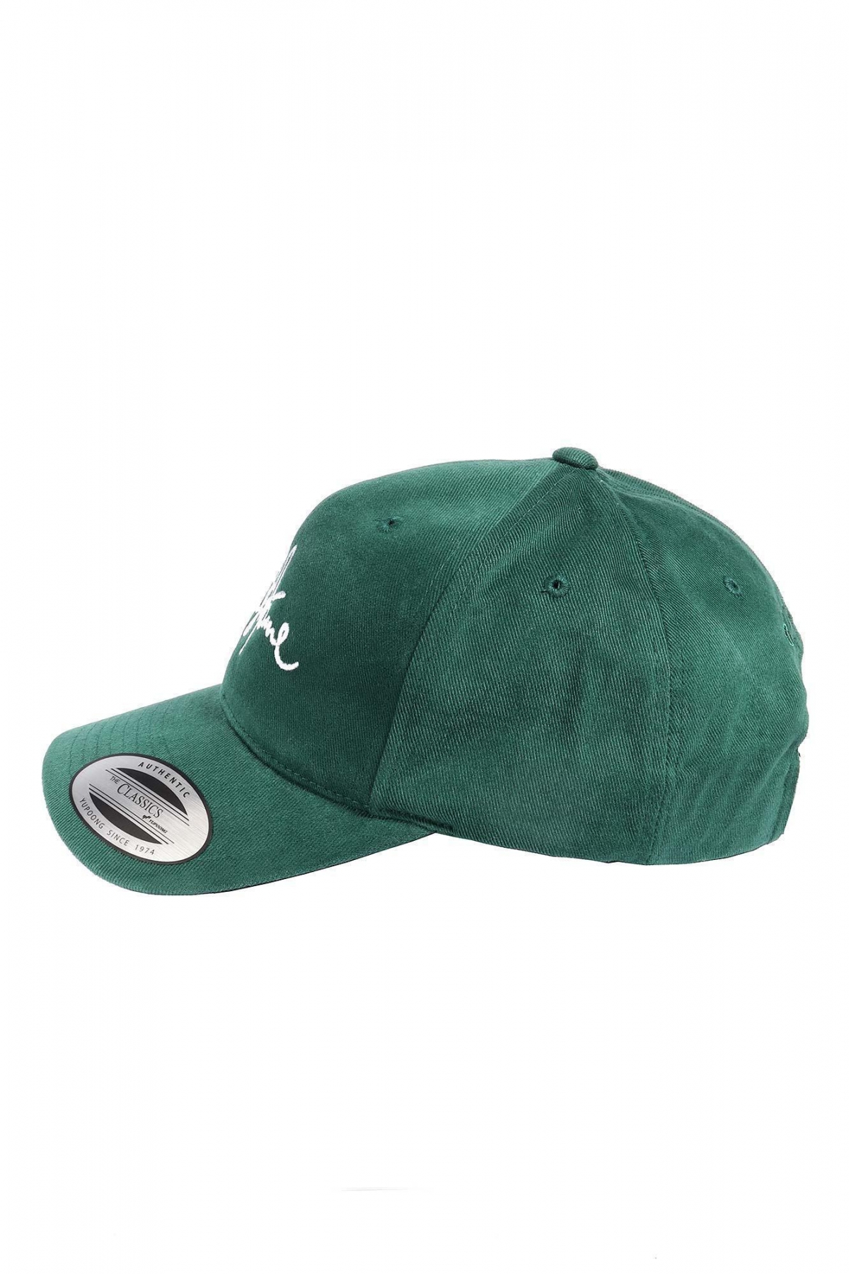 Классическая унисекс зеленая хлопковая бейсболка с белой вышивкой OUT FO FAME 